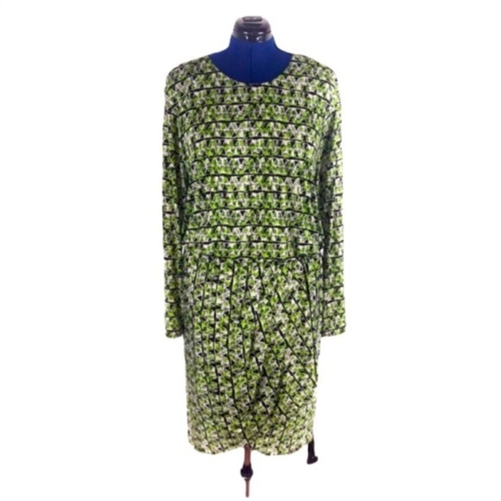T-bags LA  2X‎ green/black geometric mock wrap skirt keyhole back stretch dress